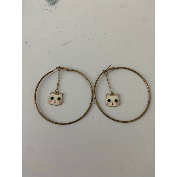 Cat Charm Hoop Earrings - Fair Condition, Tarnish - Picture 1 of 3